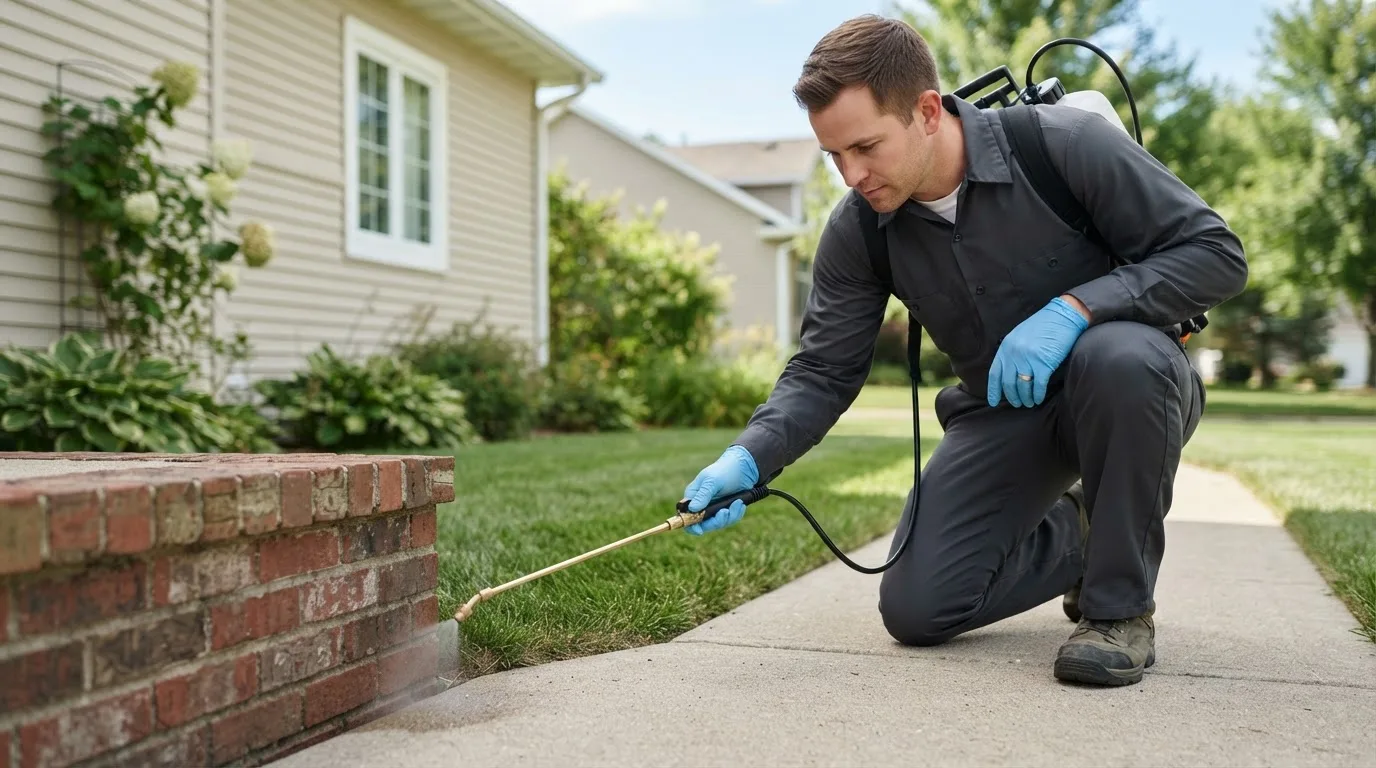 Pest control technician treating a home near Fairview, OH