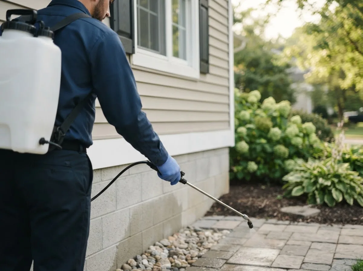 Pest control technician inspecting a home in Fairview, OH